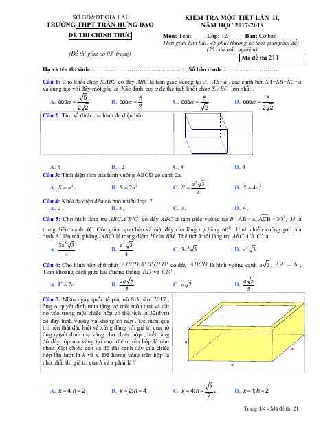 Đề kiểm tra 1 tiết Hình học 12 chương 1 năm 2017 – 2018 trường THPT Trần Hưng Đạo – Gia Lai